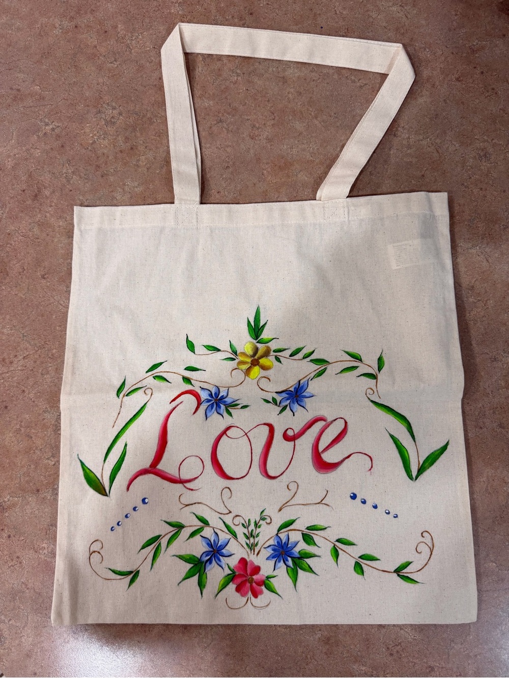 Cream Hand-Painted 'Love' Floral Canvas Tote Bag